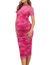 Summer Maternity Wedding Guest Dress for Pregnant Women Short Sleeve Ruched M...