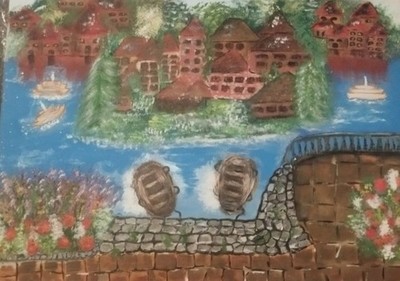 Gemälde   Landschaft mit Häusern am See, Booten und Balkon, Natur & Architektur