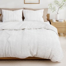 White Duvet Cover Queen Size, Seersucker 3 Pieces Bedding Set, Includes 1 Duv...