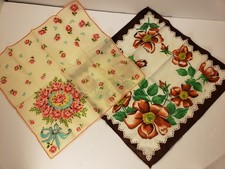 Lot of 2 Vintage Floral Handkerchiefs Floral Rose Women Wild Roses Red Brown 13"