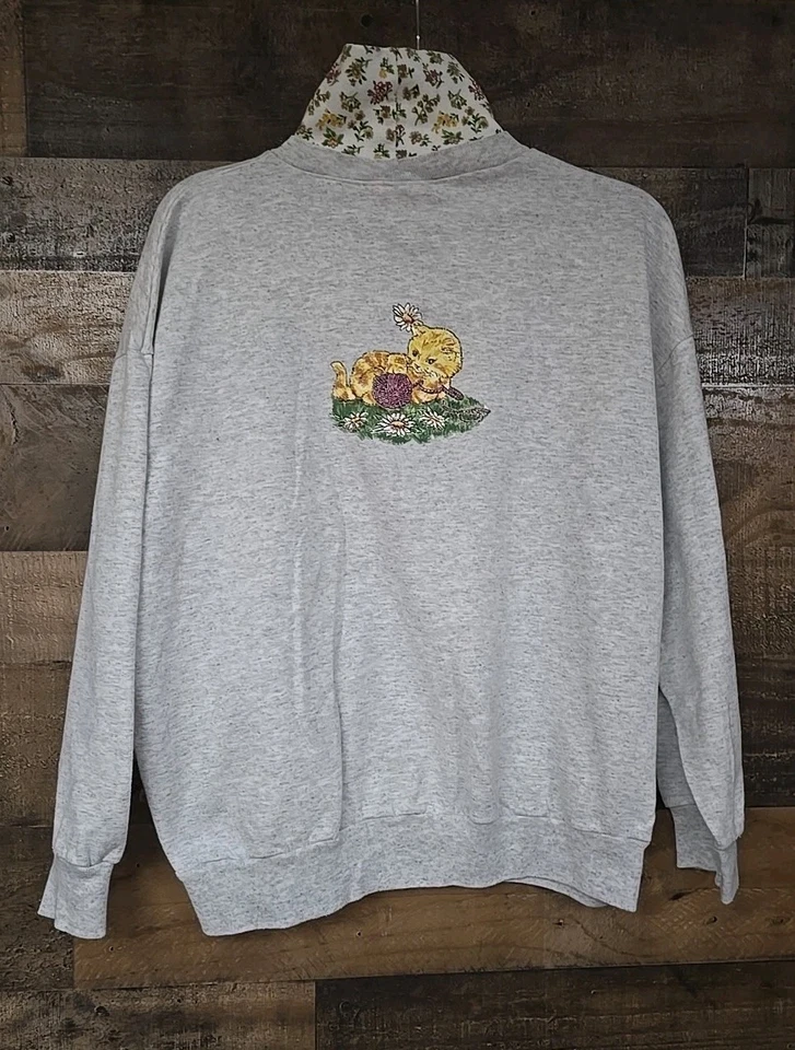 Винтажный собаки кошки водолазка толстовка женщин большие цветы котенок коттедж Grandmacore - Изображение 4 из 4