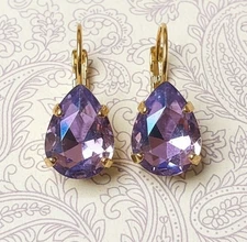 Sparkling Tanzanite Purple  Swarovski Crystal In Gold Plated Drop Down Earrings 