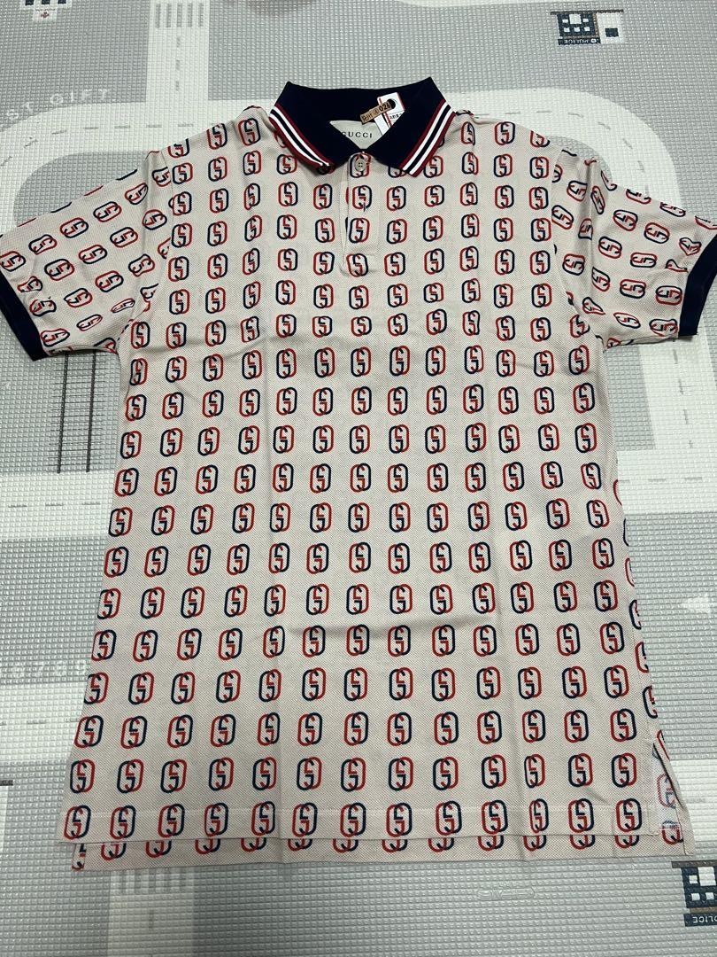 Gucci Logo Polo Shirt in Beige Navy Cotton Polyester Italy Size 50cm