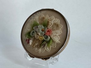 Vintage Sabor Powder Compact Paris Peach/Pink Ribbon Silk Flowers, Mirror