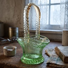 Vintage Green Glass Basket Greek Key Pattern Applied Reeded Handle 6.5 In. As Is