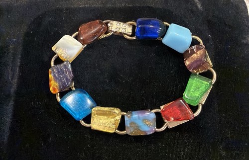Vintage Murano Art Glass Bracelet Multi-Color Square Links 7.5” Gold Tone