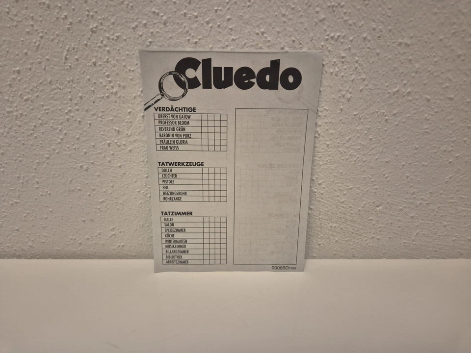 Cluedo Das klassische Detektiv-Spiel 1992 Ersatzteile: Notizblatt - Bild 1 von 1