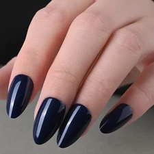 evpct Glossy Press on Nails Short Almond Short for Women, Dark Blue Fake Nail...