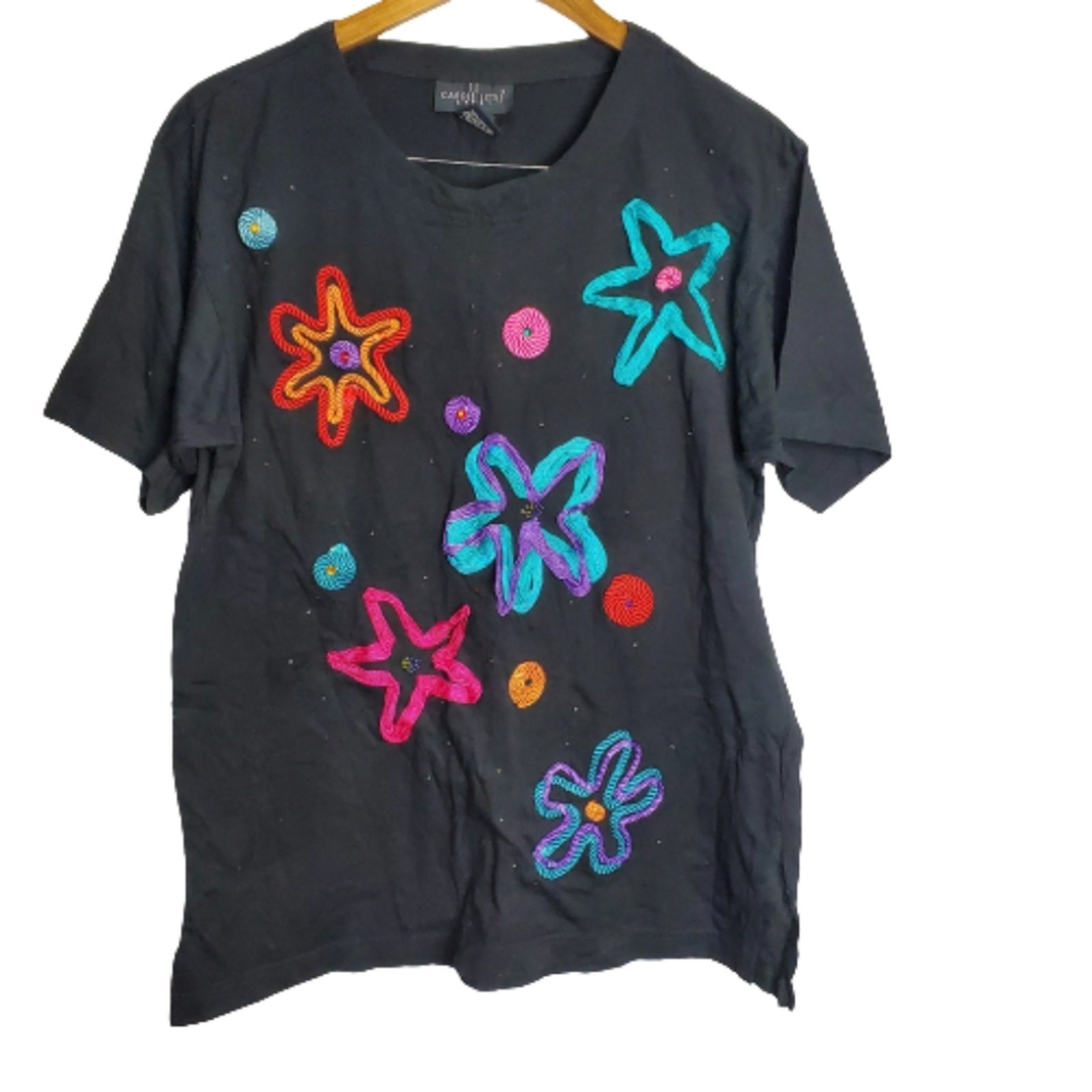 Vintage Carole Little Black 3D Embroidered Floral Short Sleeve Blouse Size Small