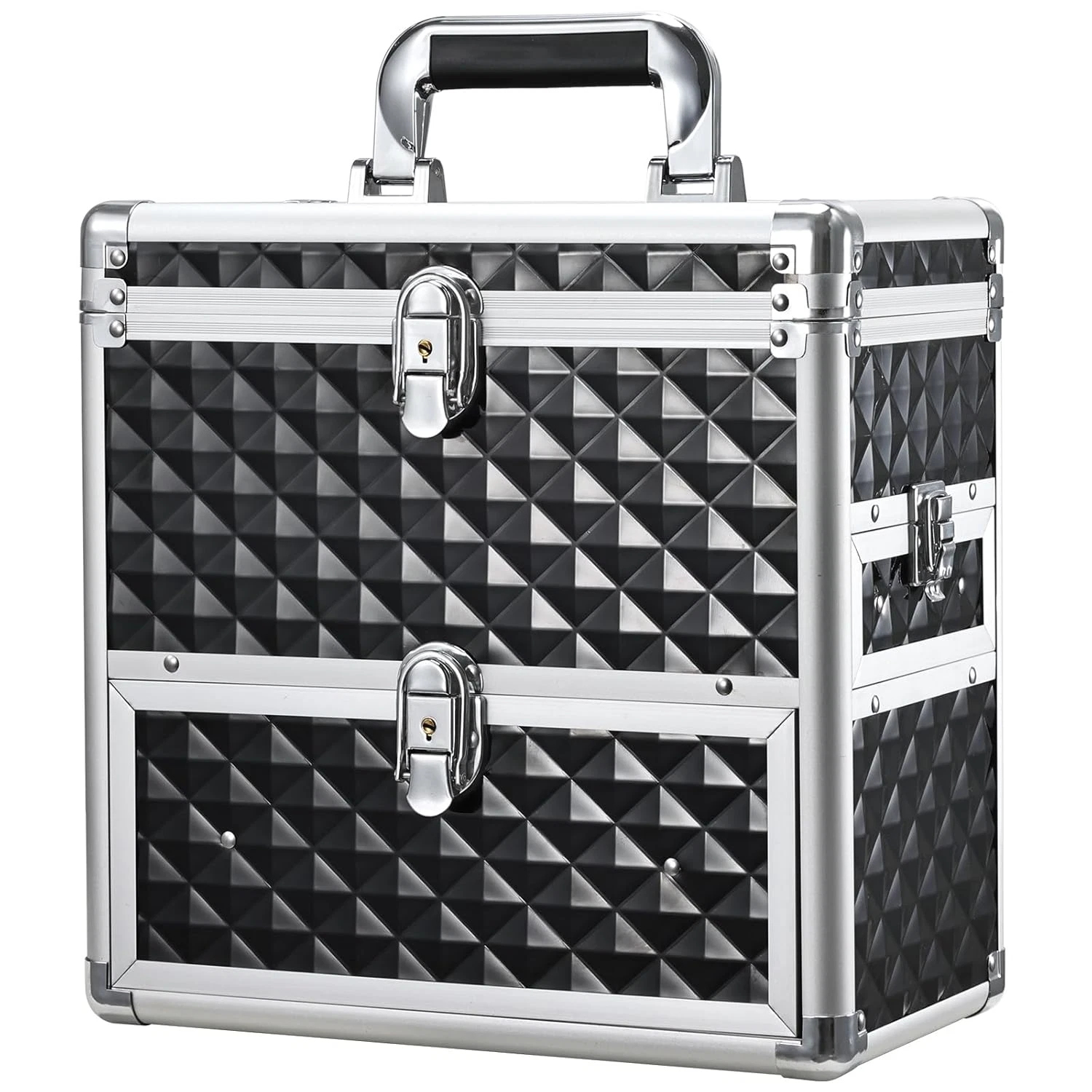 Nail Polish Makeup Train Case with Drawer, Mirror & Lock - Black Organizer