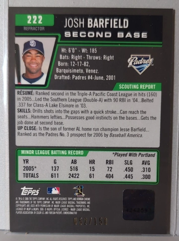 2006 Bowman Chrome Blue Refractors San Diego Padres Josh Barfield AU 52/150 - Image 2 of 2