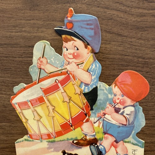Tarjeta de felicitación del día de San Valentín de la década de 1940 banda de música niño tocando flauta de batería 3D P1B - Imagen 10 de 11