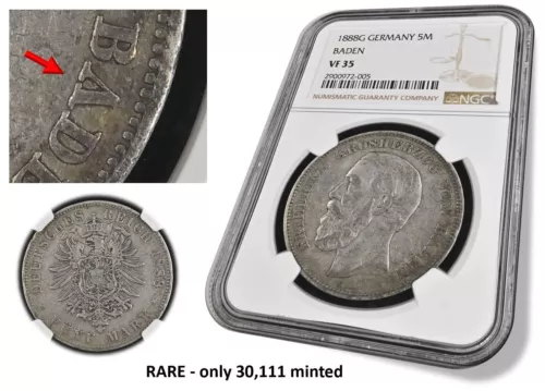 1888G German States BADEN 5 Mark, inverted "V" for "A" (NGC VF35 Certified)