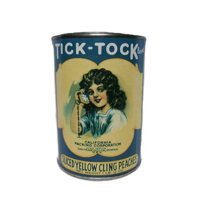 Vintage Still Coin Bank: Tin Can of  Tick-Tock Sliced Peaches  w/ Paper Label