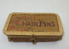 VINTAGE WOVEN RATTAN BAMBOO "HAIR PINS" HINGED CONTAINER w/PINS 4.25" 