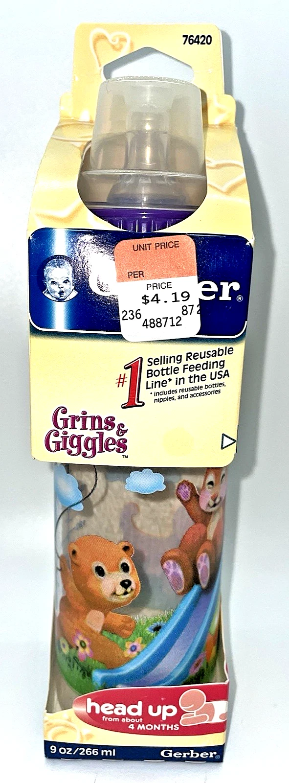 Gerber Grins & Giggles Baby Bottle 9 oz VTG Vintage 2004 Infant Animals Bear