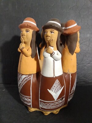HAND PAINTED Crafted 7'' Tall 4.5'' Diam PERUVIAN ART POTTERY WHISTLE Some Chips