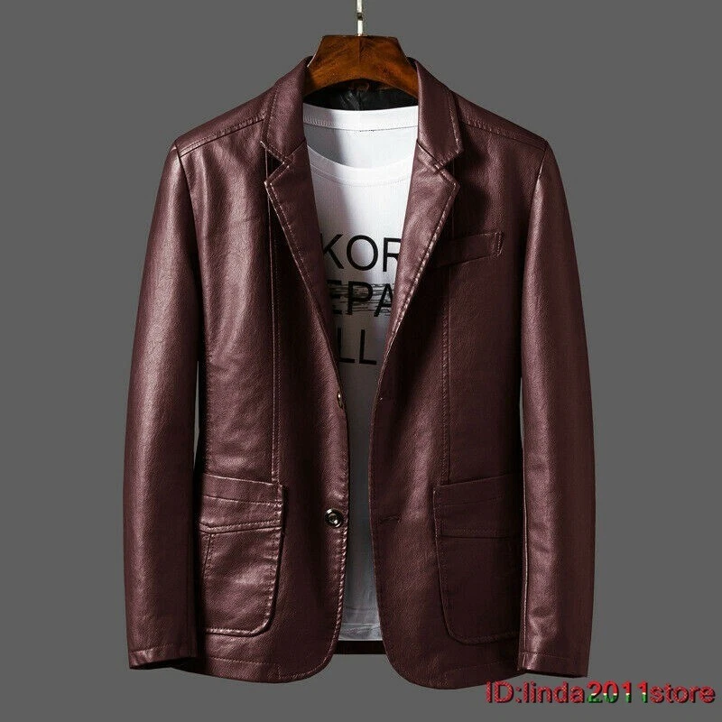 Men Faux Leather Blazer Jacket Coat Top Outwear Casual Black 
