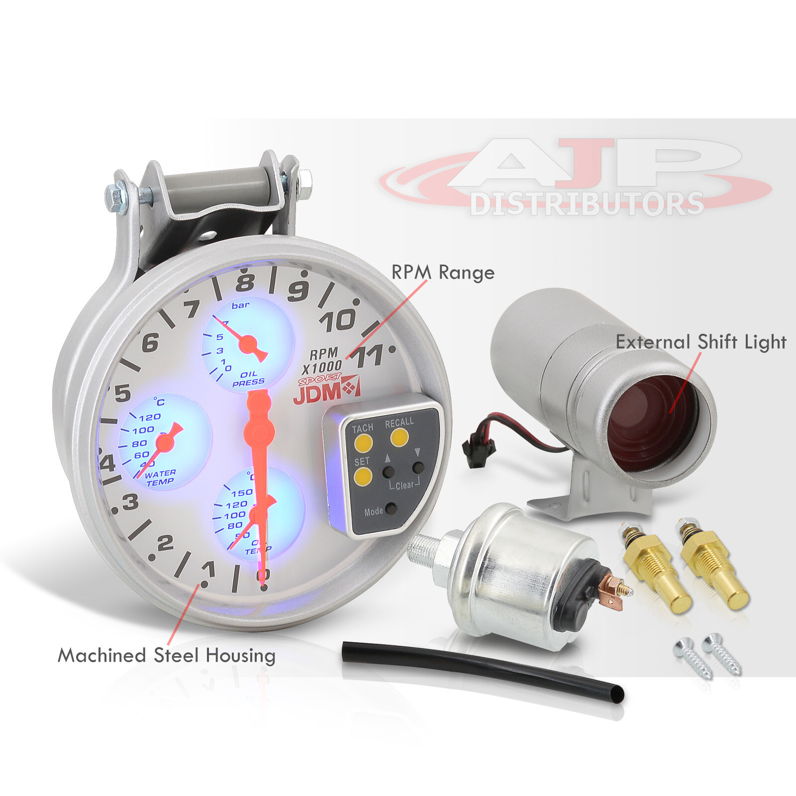 JDM White Face 5" Tach Meter Oil Water Temp Gauge Cluster For Benz Lotus