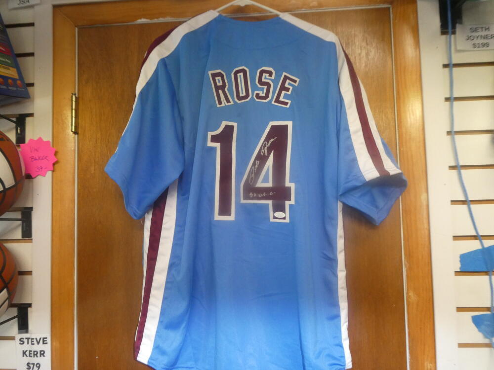 Pete Rose Philadelphia Phillies signed replica throwback jersey JSA  Inscriptio