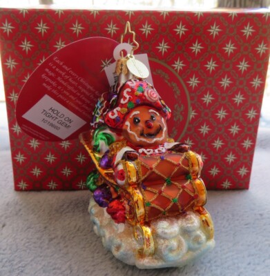 Radko Christmas Ornament Hold on Tight Gem, Gingerbread Man on Sleigh #1019660