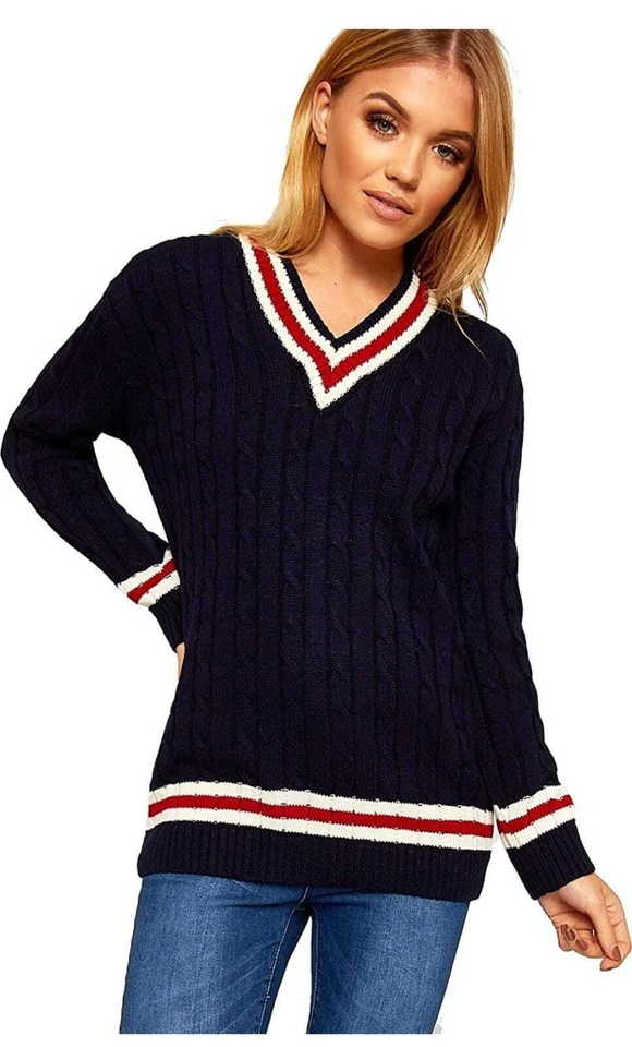 Womens Cricket Jumper Ladies Pullover Cable Knitted V Neck Long Stretch Top UK - Image 2 of 4