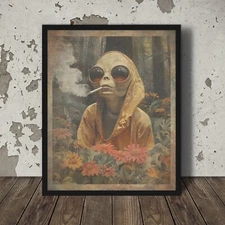 ALIEN CANNABIS FLOWER Wall Art, Vintage Sci-fi 420 Pot Decor, Botanical Weed Art