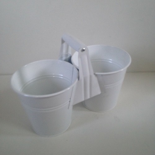 NEW! Indoor and Outdoor Collection Double Buckets White Metal with Wood Handle - Picture 4 of 11