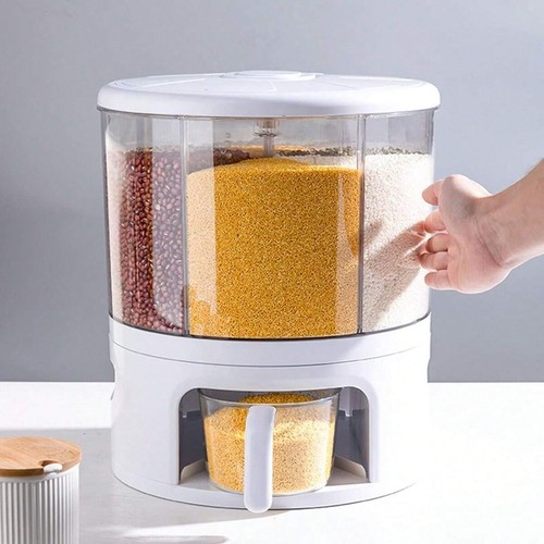 360° Rotating Grain Dispenser, 6-Grid Storage Container, 24lb Rice Tank, Kitchen