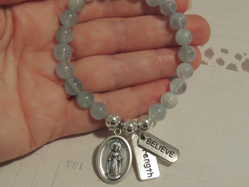 St Dymphna, Saint for Depression, Believe Strength Charms, Aquamarine Bracelet - Picture 5 of 5