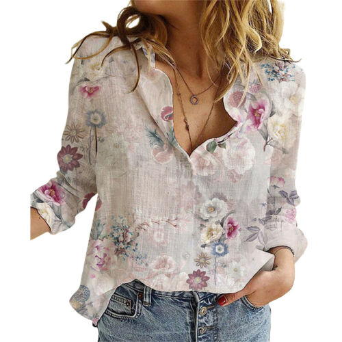 Damen Shirts Langarm Bluse Frauen Locker Büro Revers Ausschnitt Oberteile Knopfleiste - Bild 9 von 42