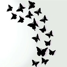3D DIY Mirror Metallic Butterfly Wall Decor, Black,48Pcs 4 Styles 3 Sizes, Re...