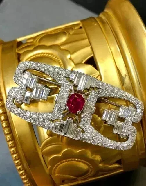 3.00Ct Round Lab Created Ruby Vintage Art Deco Brooch Pin 14K White Gold Plated - Image 2 of 4