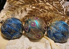 3 PEACOCK JEWEL COLOR SHATTERPROOF Ornaments GLITTER GOLD PURPLE BLUE GREEN
