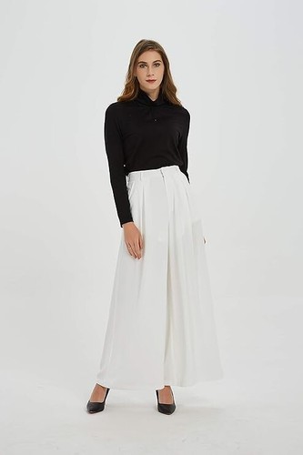 Tronjori Women High Waist Casual Wide Leg Long Palazzo Pants -White small - Picture 3 of 4