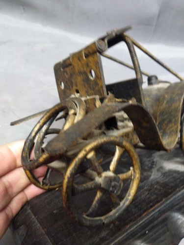 Vintage Metal Automobile Art Sculpture Car on Carved Wood Base MCM Art Old Cars - Picture 11 of 12