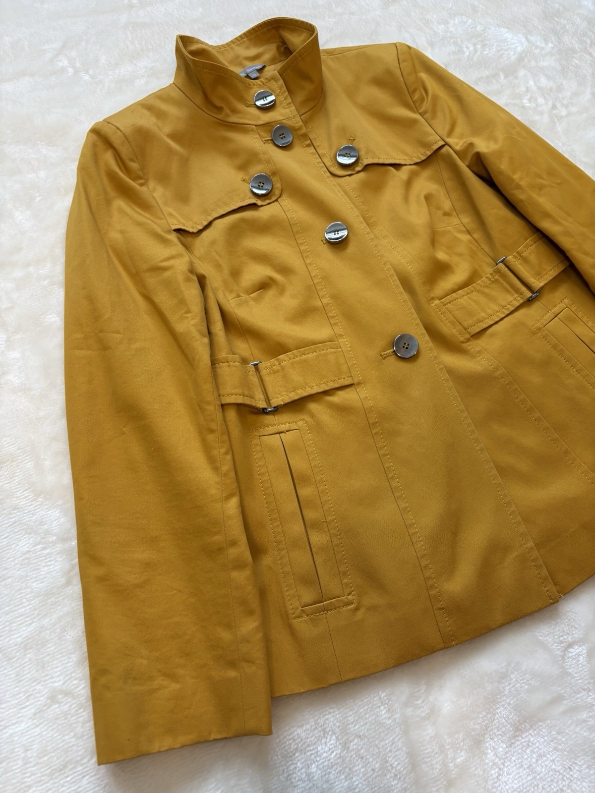 M&S Ochre Yellow Mac Rain Coat Size 12 Cotton Short Trench Jacket Mustard image 6