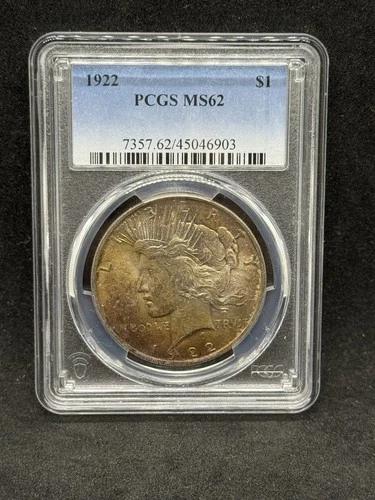 1922 Peace Dollar Ms 62 Toned sunset toner pcgs