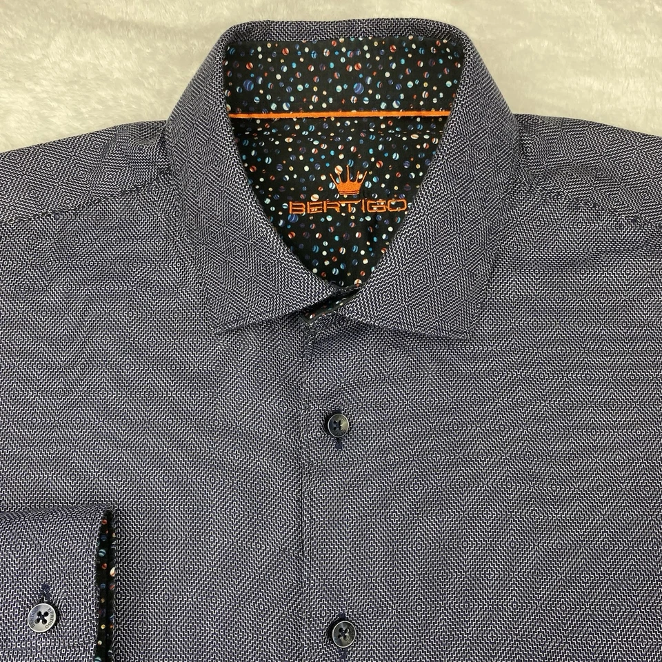 Camisa BERTIGO Para Hombres XL Azul Patrón Geométrico Puños Abatibles Calce Regular Mangas Largas Foto 2 de 4