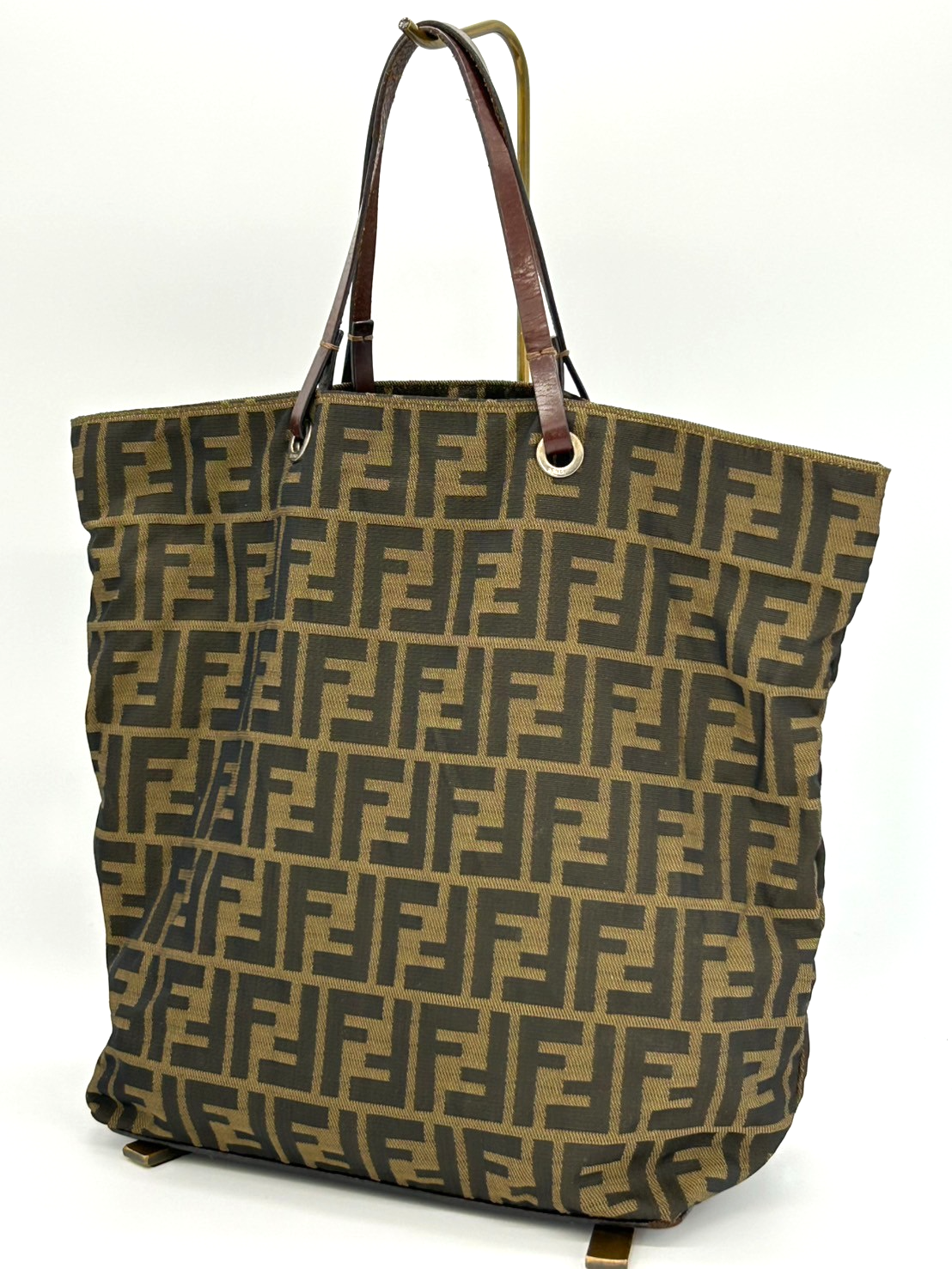 FENDI Zucca Brown Canvas and Leather Tote Bag Authentic Designer Handbag