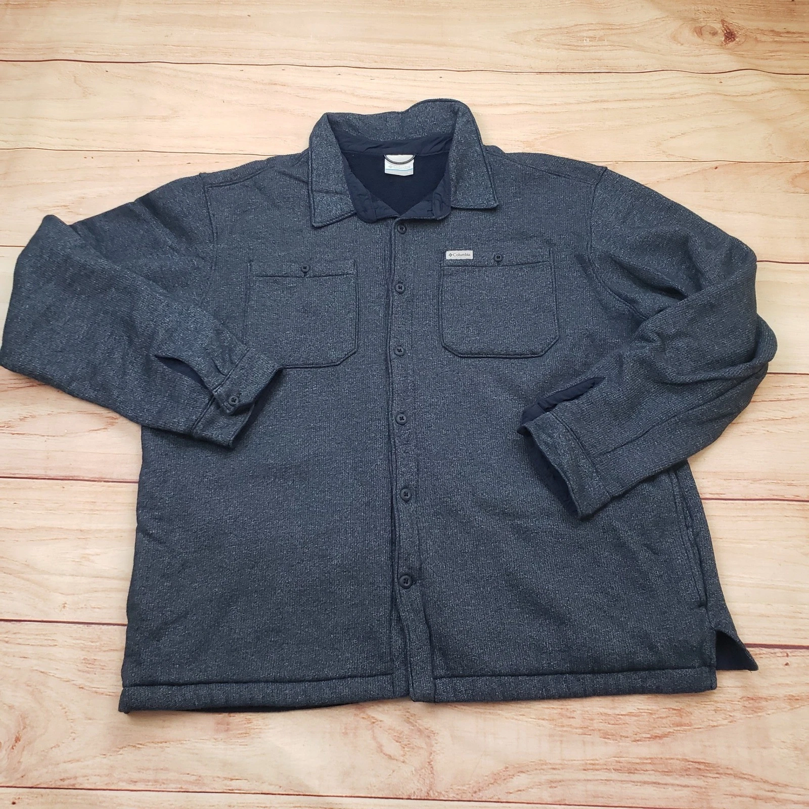 Columbia Shirt Jacket Mens XL Charcoal Gray Fleece Lined Button Up Shacket Adult