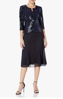Alex Evenings Women's Tea Length Button-Front Jacket Dress 14, Navy NEW WITH TAG