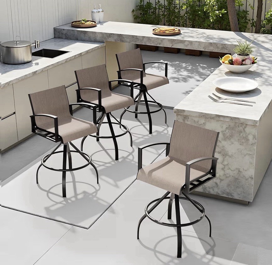 Outdoor Bar Stool Chair, 360 Degree Swivel, Armrests, Beige Black Metal Fabric 