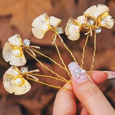 4 Pack Gold Ginkgo Leaf Wedding Hair Pins, Pearl, Bridal, Clips, Accessories