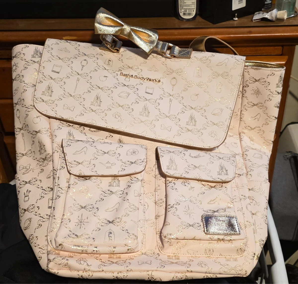 Bath & Body Works Pale Pink Printed Backpack Tote with Gold Hardware Tote bag use inspo! : r/bathandbodyworks main image 3