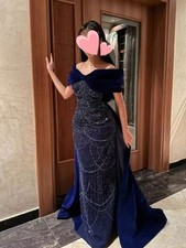 Women's Blue Off-Shoulder Beaded Sequin Formal Long Gown Dress Size M