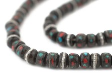 Silver-Inlaid Vintage Bone Prayer Beads 6mm Nepal Black Round Large Hole