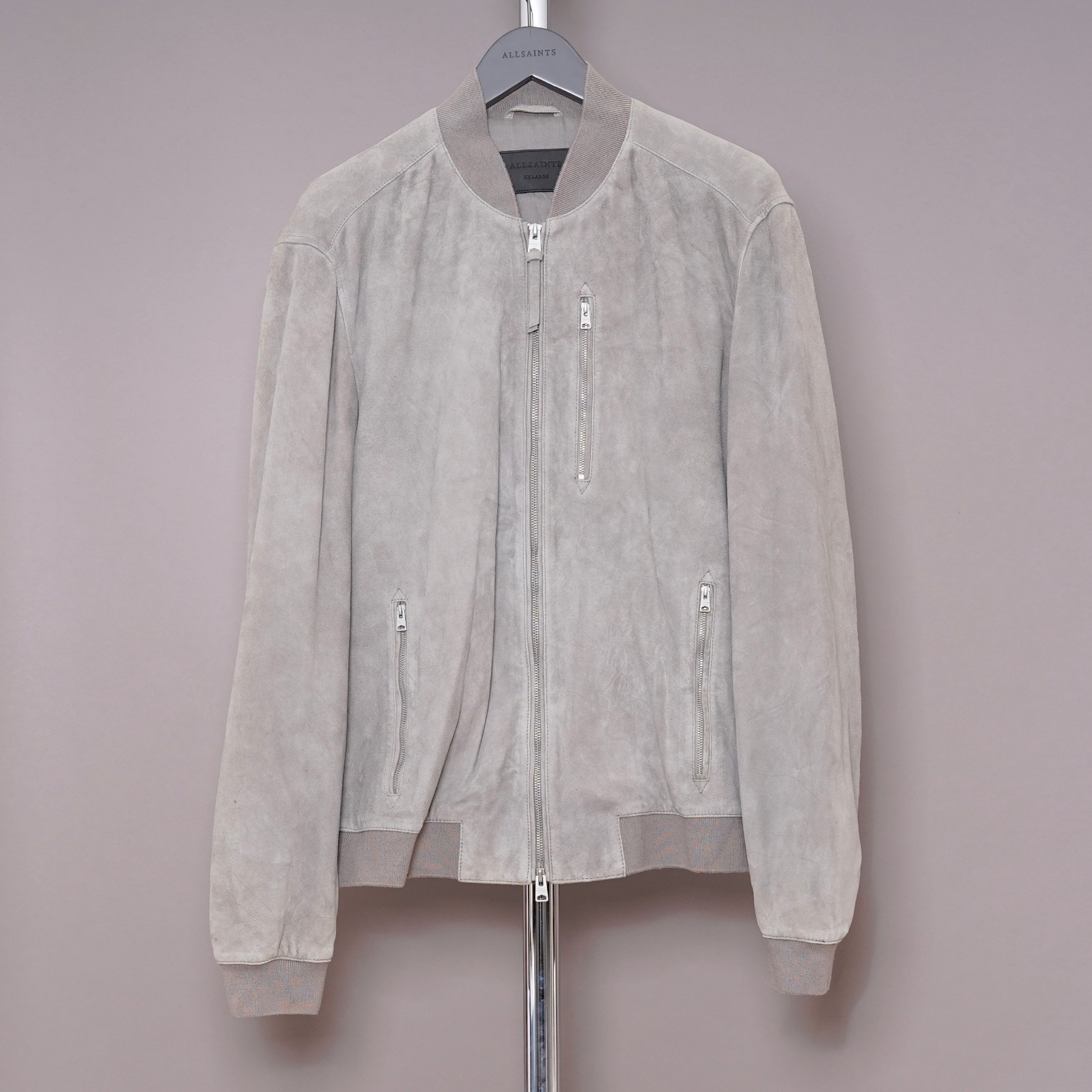 ALL SAINTS Suede Leather Jacket Mens 2XL Grey XXL Biker Bomber Celebrity KEMBLE