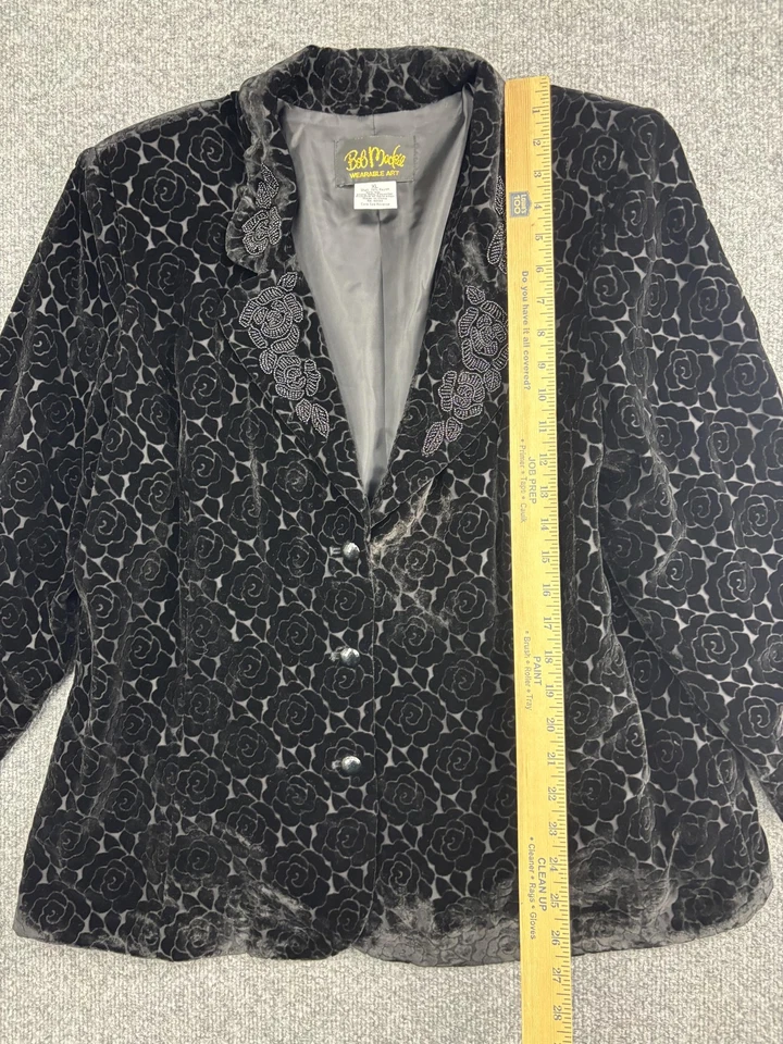 Chaqueta Bob Mackie Mujer XL Negra Terciopelo Rosa Burnout Blazer Usable Arte Foto 4 de 4