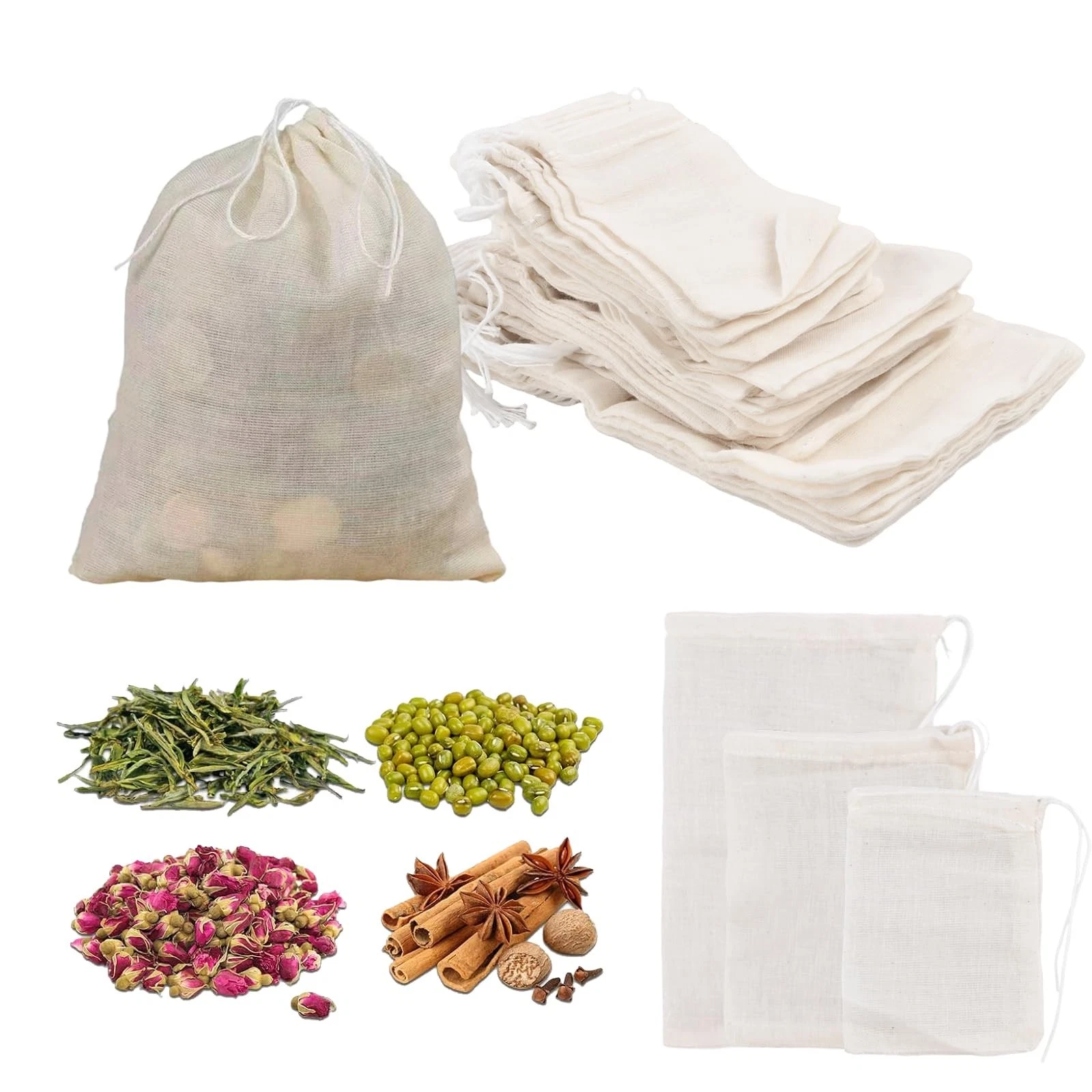 50 Pack Spice Bags, Spice Bags for Cooking with Drawstring, Reuse...